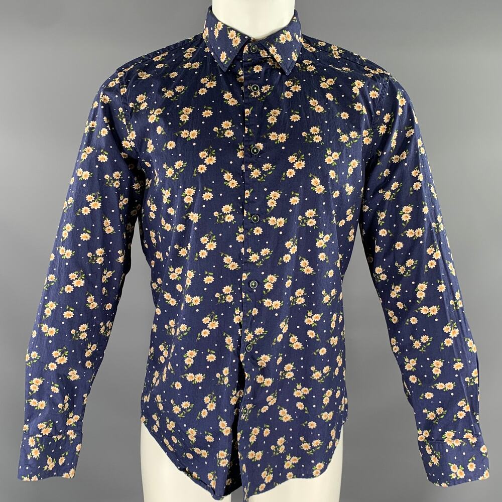 MACSON Size M Blue Multi-Color Floral Cotton Pointed Collar Long Sleeve Shirt